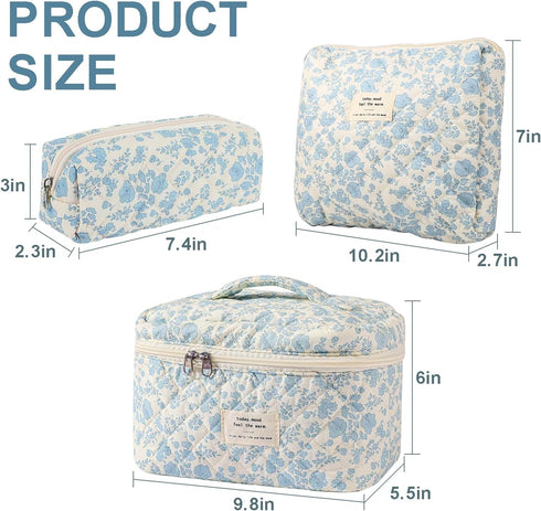 3 Pcs Cotton Quilted Makeup Bag Set, Floral Cotton Cosmetic Bag, Aesthetic Toiletry Travel Organizer Bag for Women...