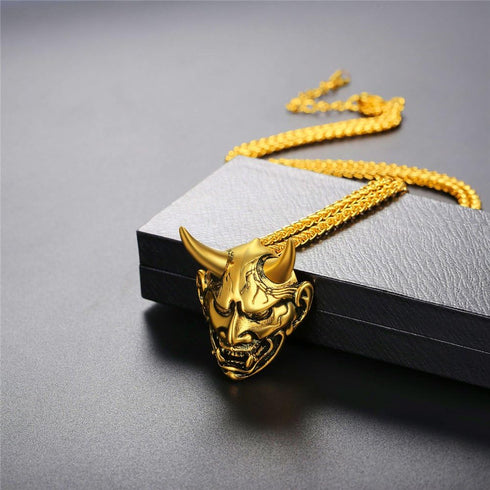 U7 Hannya Mask Necklace, Mens Gothic Punk Pendant, Stainless Steel Silver Black Personalized Evil Demon Horn Jewelry Oni Necklaces with 22 Inch Ch...
