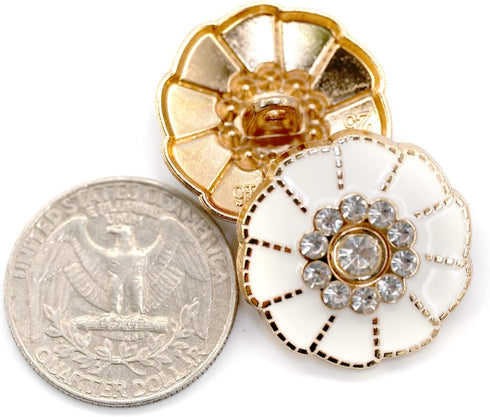 20 pcs Flower Shape White Enamel Petals with Rhinestones Metal Sewing Coats Shank Buttons -25mm -1"...