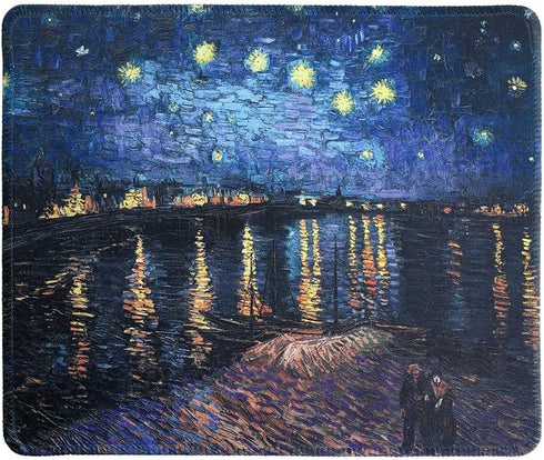 Art Mouse Pad - Natural Rubber Mouse Pad w/Printing of Starry Night Over The Rhone by Vincent Van Gogh - Stitched Border - 9.5x7.9 inches...
