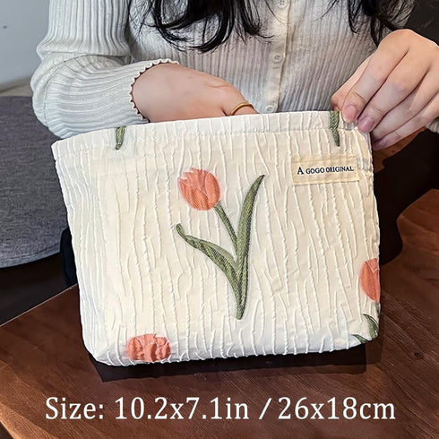 STARDW Aesthetic Makeup Bag for Women Travel Toiletry Bag Large Capacity Makeup Organizer Bag Floral Cosmetic Bags Zipper Pouch (Tulip White)...