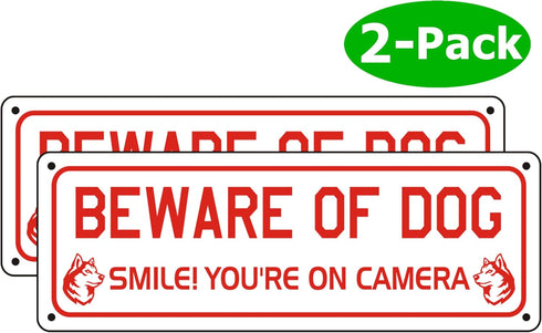 Beware of Dog Sign for Fence and Yard (2 Pack) Smile You are on Camera Aluminum Metal Warning Signs for House Indoor or Outdoor Use for Fence Door...