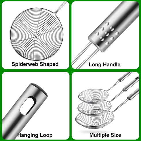 Spider Strainer Set of 3 Asian Strainer Ladle Stainless Steel Wire Skimmer Spoon with Handle for Kitchen Frying Food, Pasta, Spaghetti, Noodle-30....
