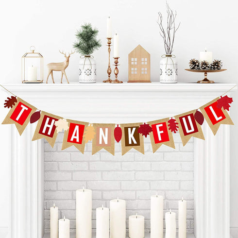 Thankful Burlap Banner Fall Autumn Maple Leaves Rustic Burlap Harvest Banner Mantel Fireplace Wall Hanging for Home Office School Party Decor Than...