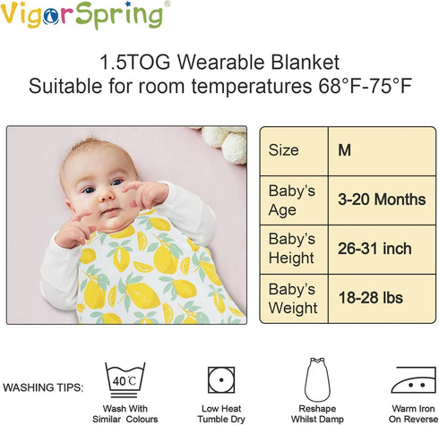 Baby Wearable Blanket, Cotton Sleep Sack 1.5 Tog, Swaddle Transition Sleeping Bag Unisex - Lemon-3-20 Months...