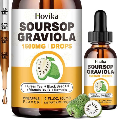 Soursop Graviola Liquid Drops 1500mg - Soursop Leaves & Fruit with Green Tea, Black Seed Oil, Turmeric for Cell Support, Immune, Antioxidant - Sou...