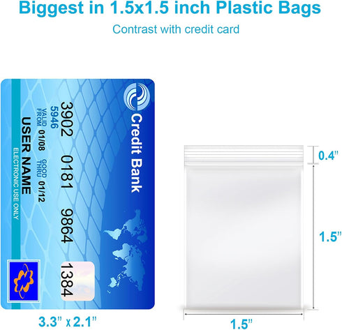 1.5''x 1.5'', (Pack of 200) 2 mil Thick Clear Plastic Reclosable Zip Poly Bags with Resealable Lock Seal Zipper for Photo, Jewelry, Bakery, Treats...