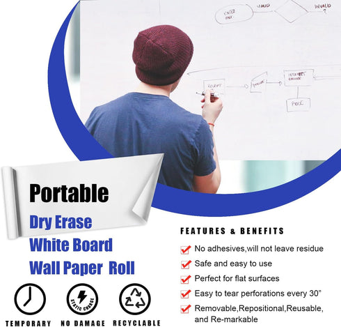 Static Whiteboard Wallpaper Roll, Portable Restickable Dry Erase White Board Wall Paper (16.5X196 in.) No Adhesive for Home Office Classroom...