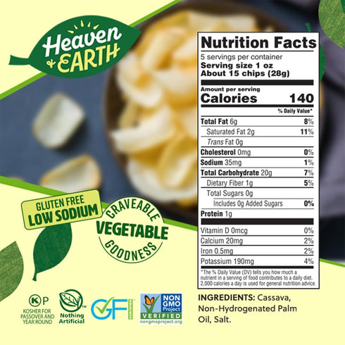 Heaven & Earth Cassava Chips, 5oz (2 Pack) Gluten Free | Non GMO | Low Sodium | Thin & Crisp Root Snack | Kosher...
