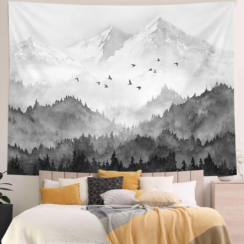 kampdream Mountain Forest Tapestry, Misty Foggy Black and White Tree Landscape Watercolor Art Wall Tapestries, Nature Scenery Tapestry for Bedroom...