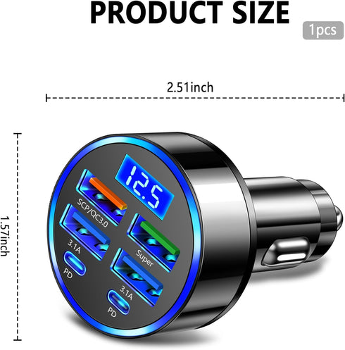 6 Ports Fast Car Charger with Voltage Monitor,Car Cigarette Lighter USB Charger (PD+QC3.0) Compatible with iphone13/14/15 & Most Android Models,Ca...