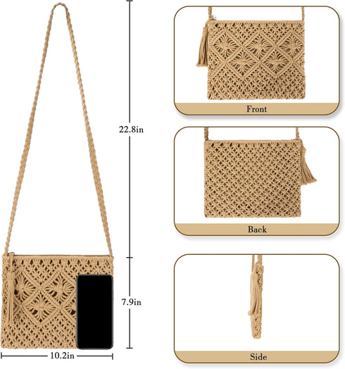 Women Beach Shoulder Bag Woven Crossbody Bag Cotton Crochet Handmade Satchel Handbag Purse Bag for Summer...