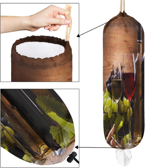 Glasses of Red Wine Plastic Bag Holder, Grapes Wooden Grocery Bag Storage Holder Garbage Shopping Bag Trash Bags Organizer for Kitchen Home...