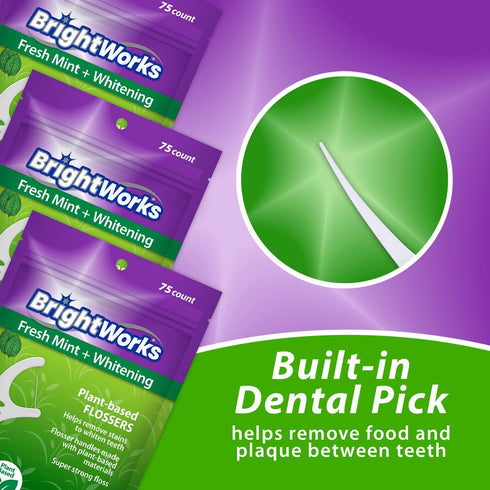 225 Piece BrightWorks Fresh Mint + Whitening Dental Flossers with plant-based handles, Super-Strong Floss and Mint-Flavored Floss with Micro-Cryst...