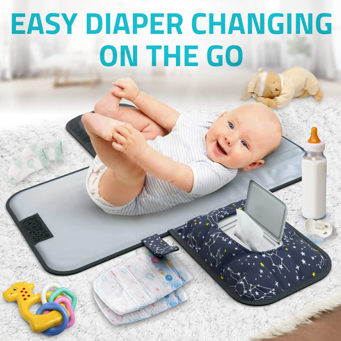 Portable Baby Diaper Changing Pad - w/Soft Built-in Pillow & Strap for Strollers - Comfortable, Lightweight & Waterproof - Made with Premium Mater...