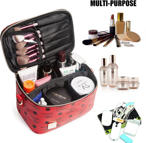 LACATTURA Travel Makeup Bag for Women, Leather Toiletry Bag, Cosmetic Case with Adjustable Divider, Portable Make Up Organizer, Brush Holder with ...
