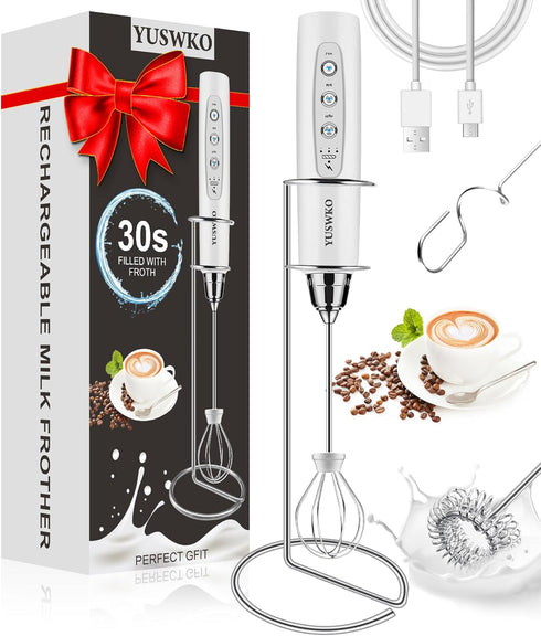 YUSWKO Milk Frother Handheld for Coffee with Stand, Rechargeable Drink Mixer with 3 Heads 3 Speeds Electric Coffee Frother Whisk, Gift for Many Oc...