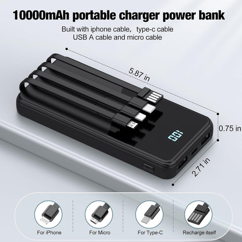 Portable Charger with Built in Cables,High Speed Power Bank 10000mAh Travel Battery Pack 5 Outputs 3 Inputs Portable Phone Charger Backup Battery ...