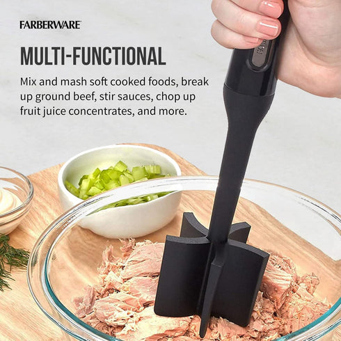 FARBERWARE Nylon Meat & Potato Masher, Heat-Resistant and Safe for Non-Stick Cookware, Durable 10-Inch Kitchen Tool with Ergonomic Handle, Black...