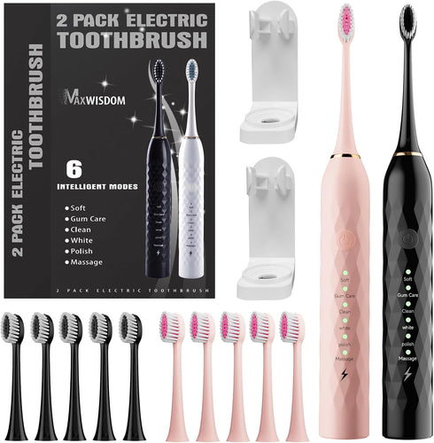 Electric Toothbrush for Kids with Toothbrush Holders?2 Pack Sonic Toothbrush with 10 Heads, 6 Modes, IPX7 Waterproof, Smart Timer, 2 Hours Charge ...