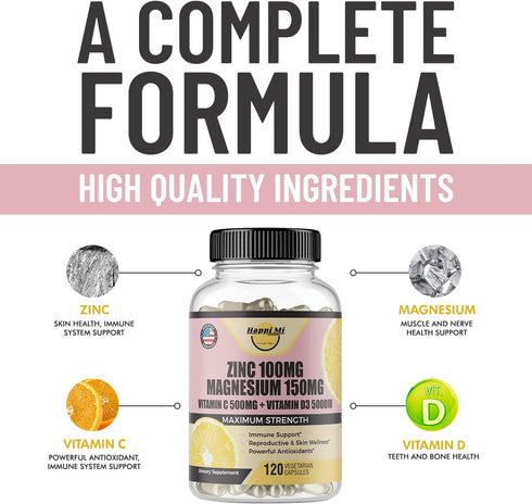 Zinc, Zinc 100mg, Magnesium Glycinate 150mg, Vitamin D3 5000 IU, Vitamin C 500mg Per Serving, Immune support, Immune Booster, Zinc Magnesium, Elem...