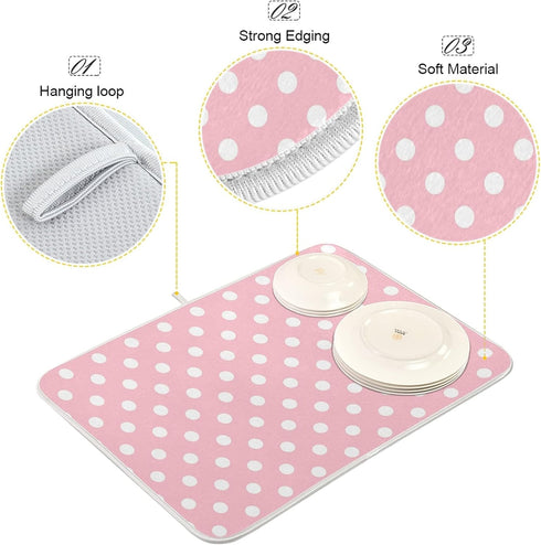Pink White Polka Dot Dish Drying Mat for Kitchen Counter 18 x 24 Inch Absorbent Microfiber Valentines Dry Dishes Rack Mats Drainer Mat Dish Drying...