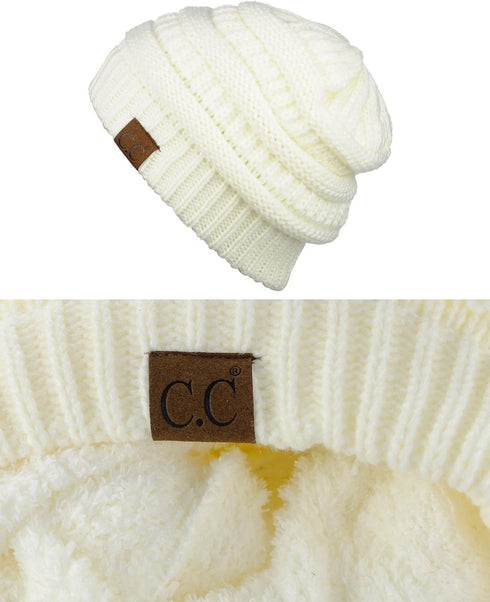 C.C Unisex Chunky Soft Stretch Cable Knit Warm Fuzzy Lined Skully Beanie...