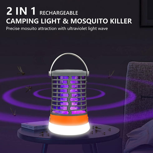 Bug Zapper, Electronic Fly Trap Camping Lamp Waterproof Mosquito Killer Rechargeable Fly Repellent Killer Portable Bug Zapper with Tent Light, Cam...