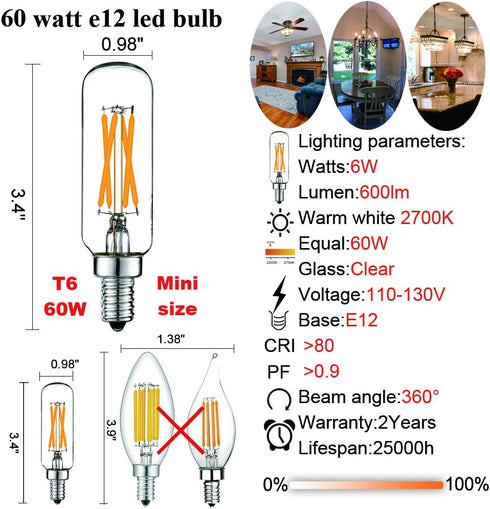 LiteHistory LED Bulb Dimmable 6W Equal Warm White 2700K T6 T25 E12 Candelabra Bulb 60 watt for Chandeliers,Ceiling Fan,Pendant,Wall sconces AC120V...