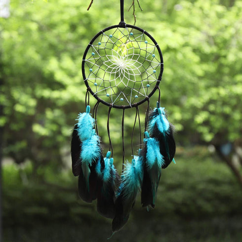 Dream Catcher with Bicolor Mesh, Handmade Dark Tone Dreamcatcher with Black and Turquoise Feather Wall Hanging Decoration...
