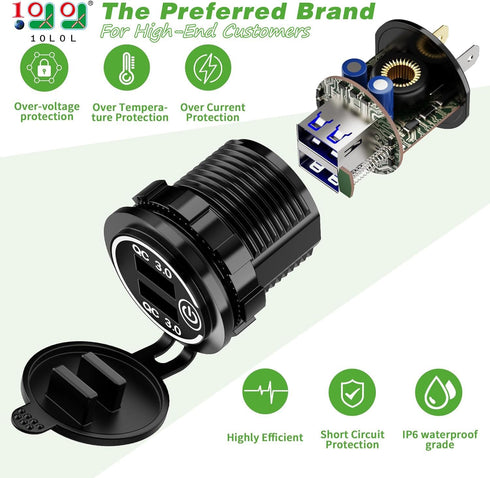 10L0L Golf Cart Quick Charge QC 3.0 Dual USB Charger Socket, 12V-24V USB Outlet for Yamaha EZGO Club Car, 12V Input Double USB Ports with DIY Car ...