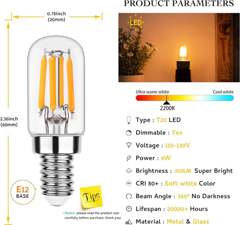 Dimmable Salt Lamp Bulbs E12 LED Night Light Bulbs 40 Watt Equivalent 4W,Small Filament Bulb for Candelabra,Sewing Machine,Ceiling Fan,Refrigerato...