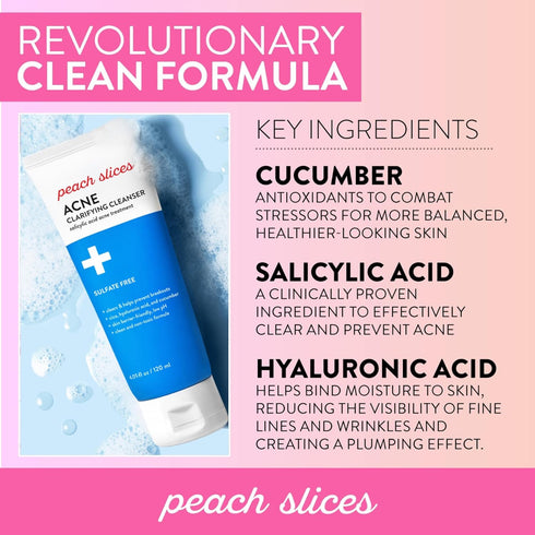 Peach Slices | Acne Clarifying Cleanser | Deep Cleans & Prevents Acne | 2% Salicylic Acid | Hyaluronic Acid | Sulfate-Free | Hydrates & Calms Skin...