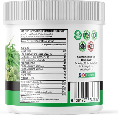 AKI Cruciferous Superfood Green Mix Powder - Made from Kale, Broccoli, Brussels Sprouts, Cabbage - Packed with Essential Phytonutrients & Vitamins...