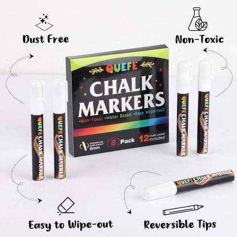 QUEFE 8pcs White Chalk Markers, 6mm Liquid Chalk Markers Dry Erase Marker Pens for Blackboard, Dual Tip Chalkboard Markers with Reversible Tip for...