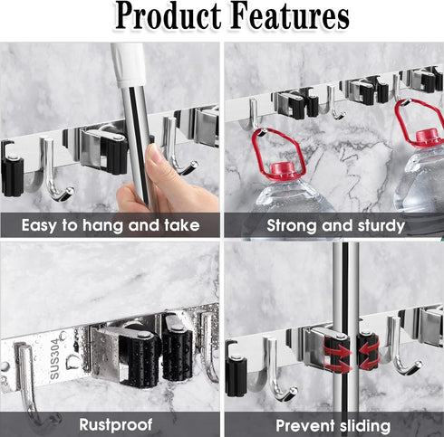 AceMining 5 Racks and 4 Hooks Mop and Broom Holder Wall Mount, Broom Organizer Storage Tool Racks Stainless Steel Heavy Duty Hooks Self Adhesive S...
