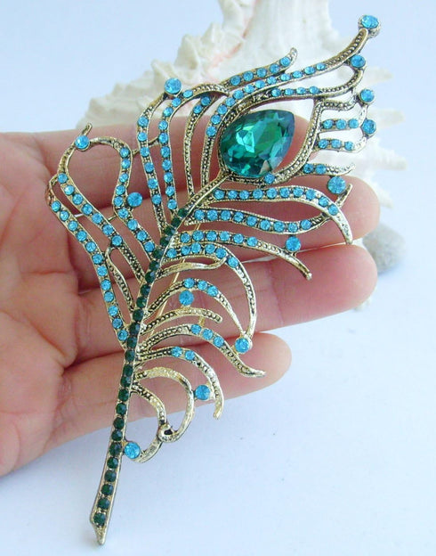 Sindary 4.92" Rhinestone Crystal Peacock Feather Brooch Pin Pendant BZ5860...