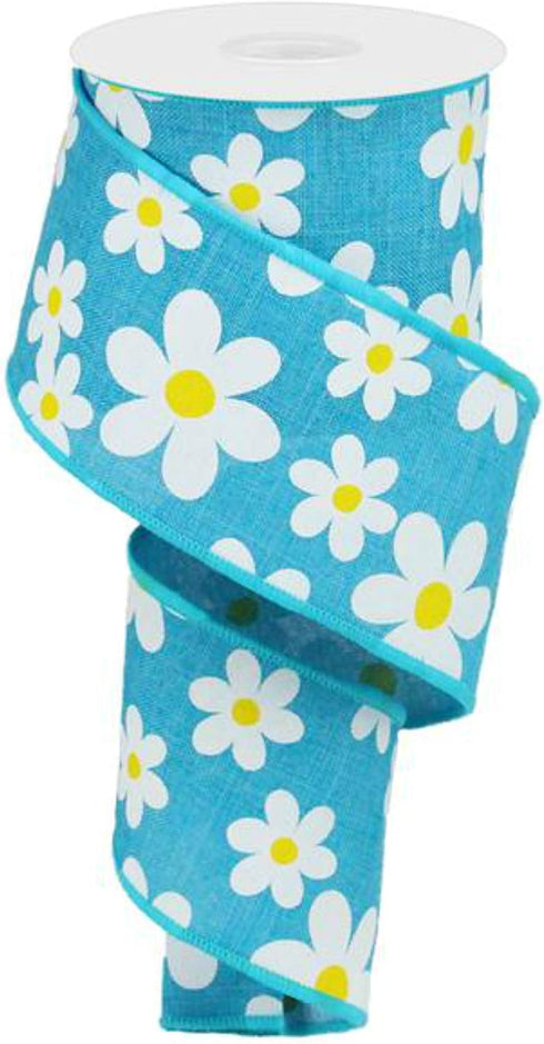 Daisy Flower Canvas Wired Edge Ribbon, 10 Yards (Turquoise, 2.5")...