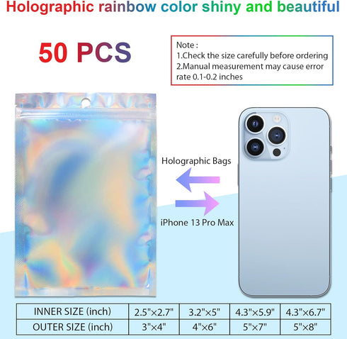 ANZNKU 50 Pack Holographic Bags, 5" x 7" Resealable Small Baggies, Foil Pouch Rainbow Color Packaging Bags for Small Business, Plastic Zipper Bag ...