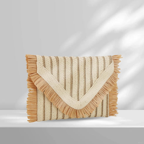 Straw Clutch Purse for Women Envelope Beach Bag with Fringe Trim Summer Woven Clutch Handbag...