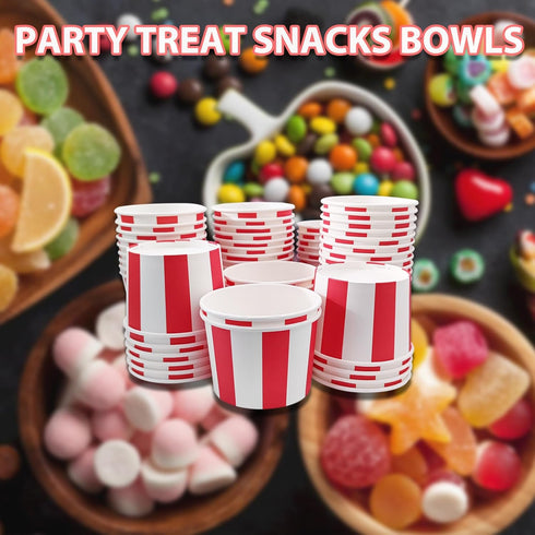 50 Pcs Red White Striped Ice Cream Cups Disposable Paper Snack Bowls 9oz Circus Carnival Paper Dessert Containers For Hot Or Cold Soup Yogurt Chri...