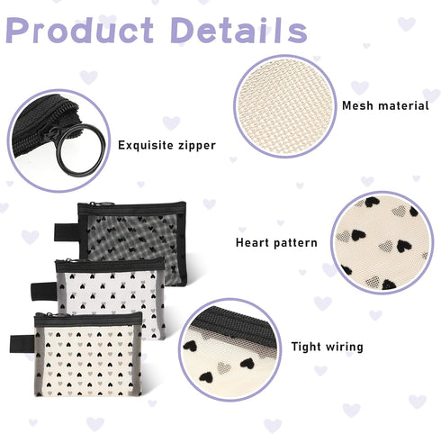 Small Mesh Zipper Pouches, 6 Pack Heart Print Mesh Makeup Bags, Mesh Cosmetic Bags Storage Pouch for Women, Makeup Lipstick Cosmetic Accessories O...