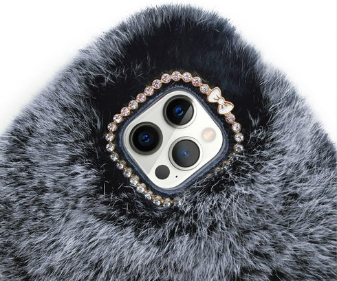 Losin Compatible with iPhone 15 Pro Case Cute Plush Case with Glitter Lanyard Strap Bling Diamond Camera Lens Protector Soft Winter Warm Plush Flu...