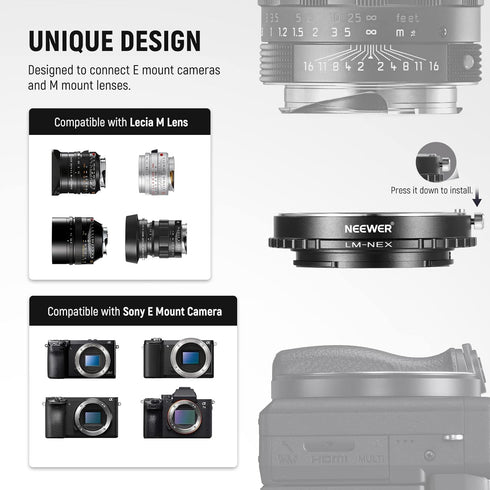 NEEWER Lens Mount Adapter Manual Focus Ring Compatible with Leica M Mount Lens to Sony E Mount Camera, Compatible with Sony A1 A9 A7 A7C A7R A7S A...