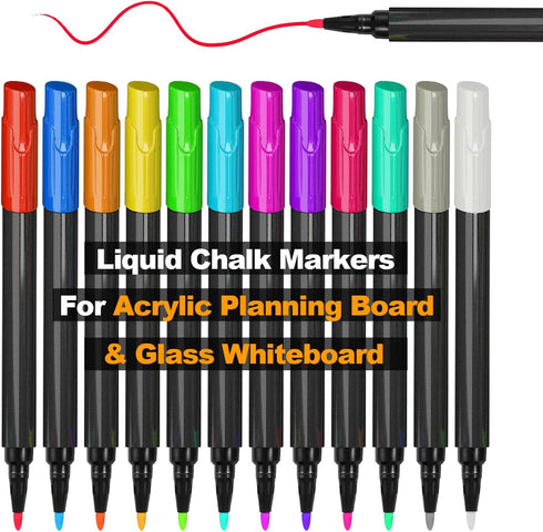 Liquid Chalk Markers for Acrylic Fridge Calendar Dry Erase Markers, Wet Erase Pens Set of 12Colors apply to Glass, Labels, Whiteboards Dry Erase A...