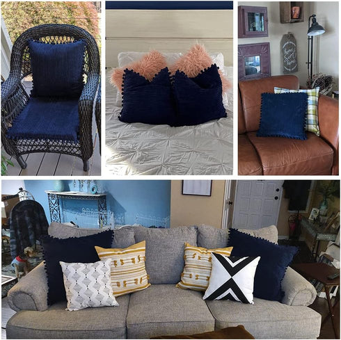 Fancy Homi Pack of 2 Corduroy Soft Decorative Throw Pillow Covers with Pom-poms, Solid Square Cushion Case Pillow Cases Set for Couch Sofa Bedroom...