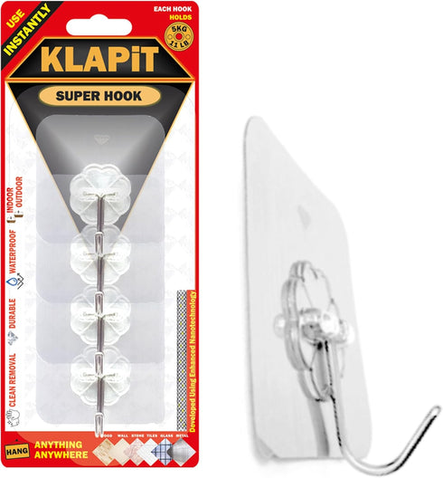 KLAPiT Super Hook - Heavy-Duty Adhesive Wall Hooks, Holds Up to 11 lbs, Waterproof, No Damage, Easy Install on Tile, Wood, Stone, Glass & Metal - ...