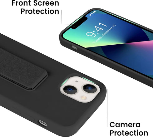 LAUDTEC Silicone Kickstand Case Compatible with iPhone 13, Vertical and Horizontal Stand Hand Strap Metal Kickstand Cover, Flexible Soft Liquid Si...