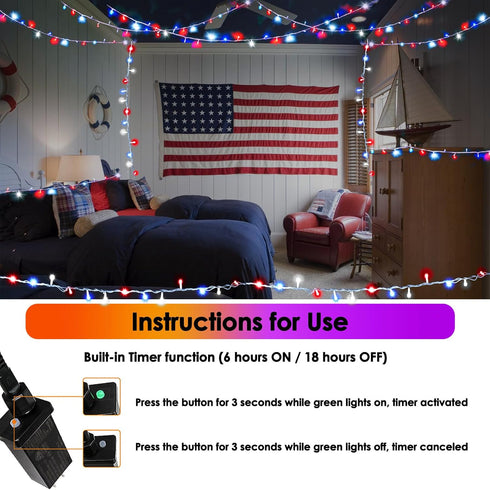 SANJICHA Red White and Blue Lights, 100 LED 33FT 4th of July Decorations Lights, 8 Modes Clear Wire Waterproof Patriotic Light for Independence Da...