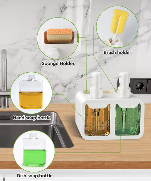 kitchen Hand Soap and Dish Soap Dispenser Set, Dual Soap Dispenser with Sponge Caddy and Brush Holder 4-in-1 Organizer for Kitchen Sink Countertop...